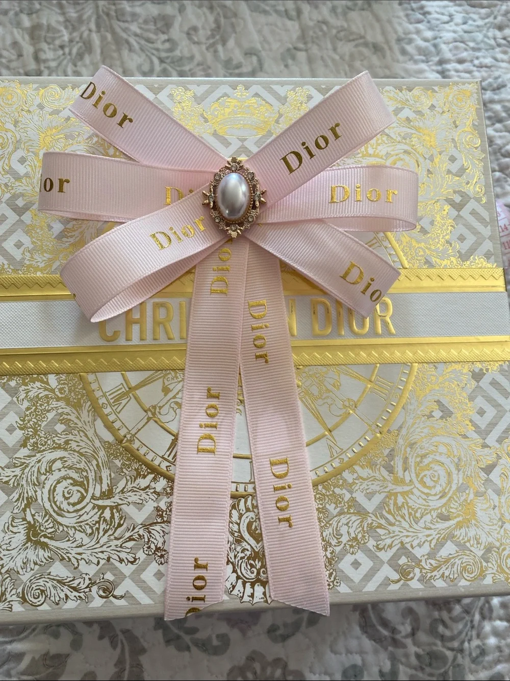 Dior Pale Pink Ribbon Brooch with Pearl Accent HairClip